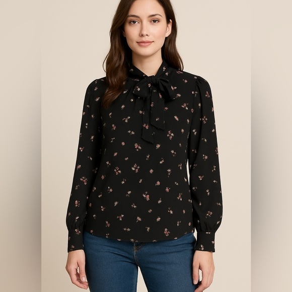 Kontrol Contemporary Tops - Kontrol Contemporary Black Floral Tie Neck Blouse XL Long Sleeve Lightweight